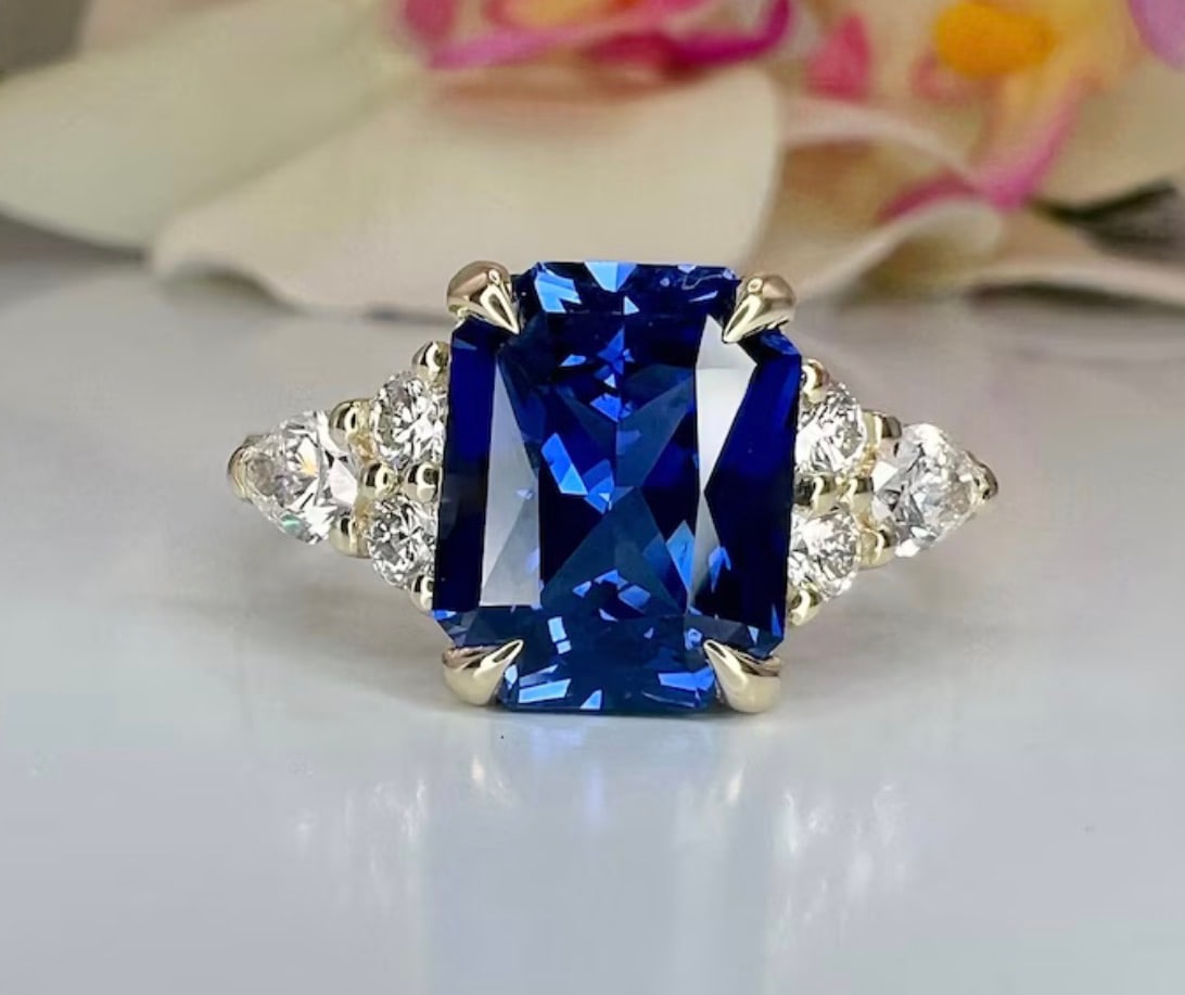 925 Sterling Silver 6 Ct Emerald Cut Blue Sapphire Vintage Ring Handmade Jewelry Trending Design: Certified 925 Sterling Silver 6 Ct Emerald Cut Blue Sapphire - White Gold Finish Vintage Ring Handmade Jewelry Trending Design - Ring Size: US 7| Free Shipping | Free Resizing Available