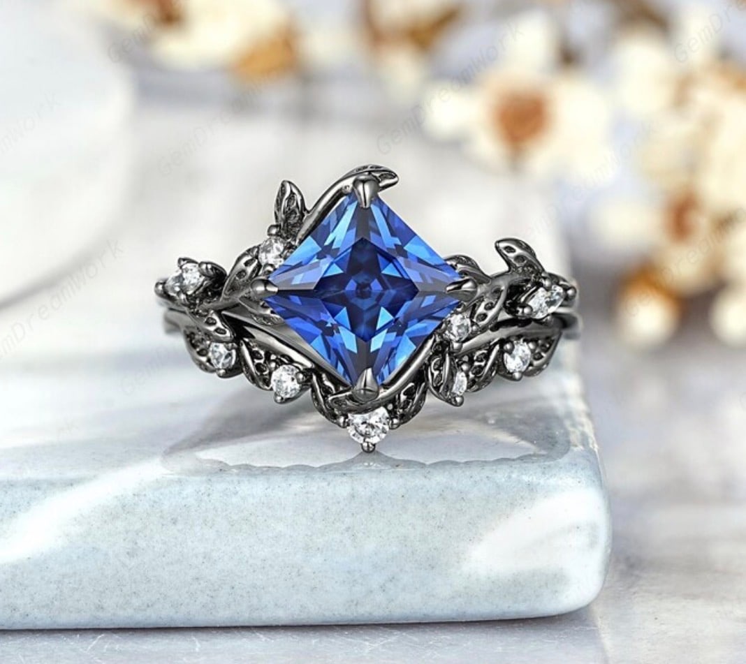 925 Sterling Silver 3 Ct Princess Cut Blue Sapphire Vintage Ring With Band Handmade Jewelry: Certified 925 Sterling Silver 3 Ct Princess Cut Blue Sapphire- Black Gold Finish Vintage Ring With Band Handmade Jewelry Trending Design - Ring Size: US 7| Free Shipping | Free Resizing Available