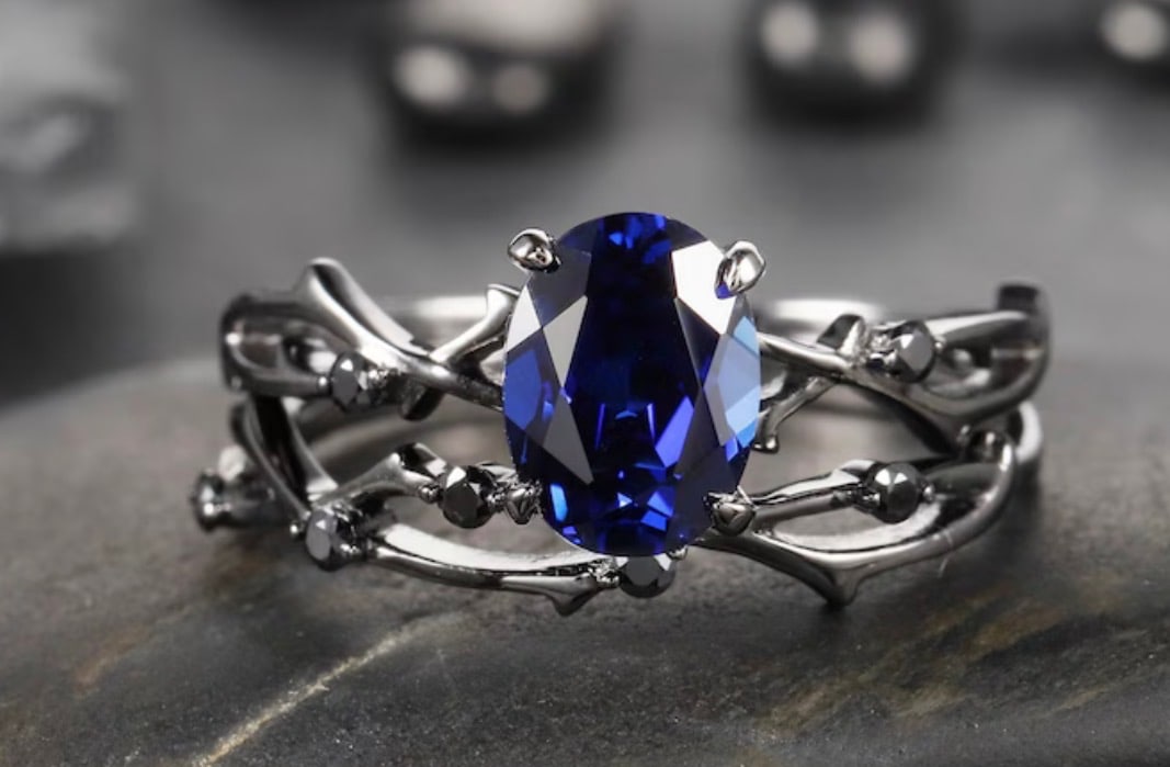 925 Sterling Silver 2 Ct Oval Cut Blue Sapphire Vintage Ring With Band Handmade Jewelry Trending: Certified 925 Sterling Silver 2 Ct Oval Cut Blue Sapphire- Black Gold Finish Vintage Ring With Band Handmade Jewelry Trending Design - Ring Size: US 7| Free Shipping | Free Resizing Available