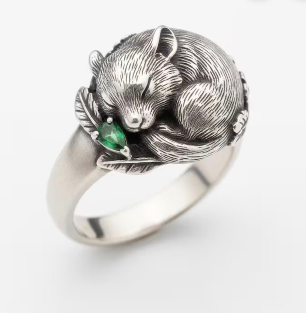 Handcrafted sterling silver Pika Animal Green Emreald Ring: Handcrafted sterling silver Pika Animal Green Emreald Ring - Ring Size US 6.5 - Free Shipping | Free Resizing Available
