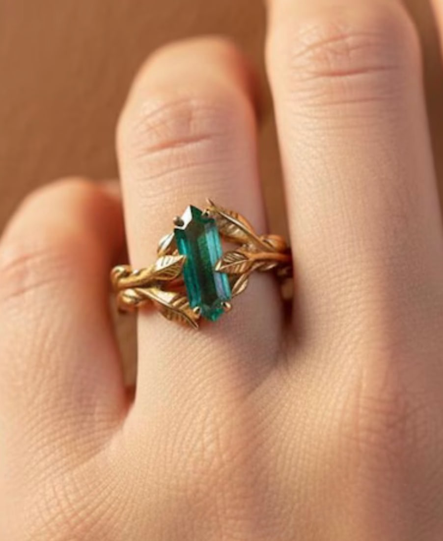 Handcrafted Vintage Sterling Silver Green Emreald Ring: Handcrafted Vintage Sterling Silver 1.5 ct Green Emreald Ring - Yellow Gold Finish - Ring Size US 6 - Free Shipping | Free Resizing Available