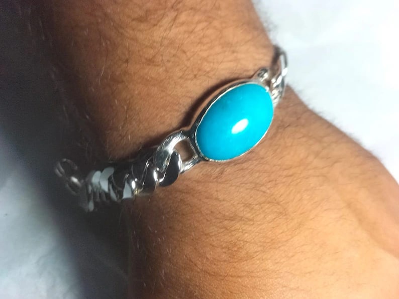 Natural Turquoise Stone Bracelet Big Turquoise Stone Bracelet Turquoise Big Stone: Natural Turquoise Stone Bracelet Big 30 CT Turquoise Stone Bracelet Turquoise Big Stone Bracelet Design Chain Sterling 925 Stamp - 8 INCH