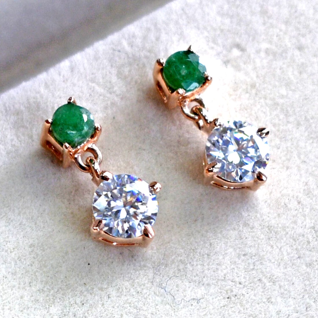 2.50 Ct Treated Certified Off White Diamond Dangler Earrings In 925 Silver: 2.50 Ct Natural Green Emerald Treated Certified Off White Diamond Dangler Earrings In 925 Silver - Rose Gold Finish