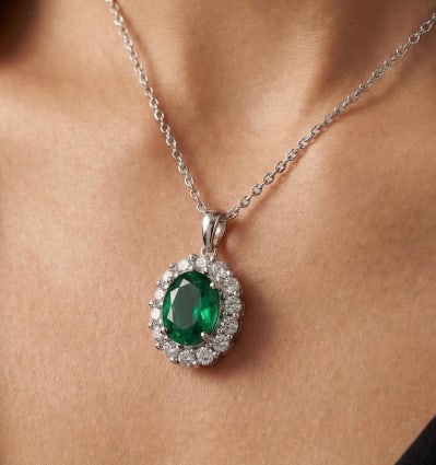 Certified 5 Ct Lab Grown Emerald 925 Silver Necklace: Certified 5 Ct Lab Grown Emerald 925 Silver Necklace Oval Cut - Side Stones Lab Daimonds 18 inch