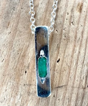 Raw Emerald Pendant Necklace - Shiny Polished Silver 925 Square Bar Jewelry: Raw Emerald Pendant Necklace - Shiny Polished Silver 925 Square Bar Jewelry - 18 inch