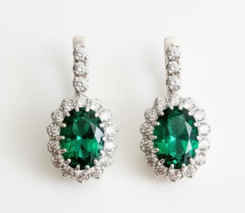 Certified 8 Carat Princess Diana Style Earrings Lab Grown Emerald 925 Silver: Certified 8 Carat Oval Cut Princess Diana Style Earrings Lab Grown Emerald 925 Silver - Side Stone is Lab Daimonds
