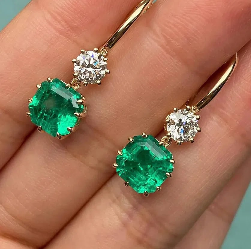 Certified 7 Carat 14kt Solid Yellow Gold Lab Grown Green Emerald Earrings (1 of 3)