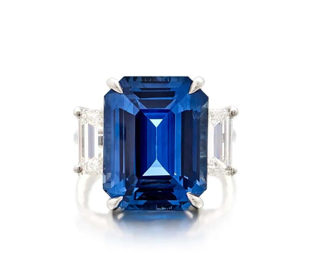 Certified 15 Ct.14kt Solid White Lab Grown sapphire Emerald Cut Engagement ring: Certified 15.00 Ct.14kt Solid White Lab Grown sapphire Emerald Cut Engagement ring - Side Stone is lab grown Diamonds vs1 e color Fnacy cut 0.60 Ct Ring Size US 6.5