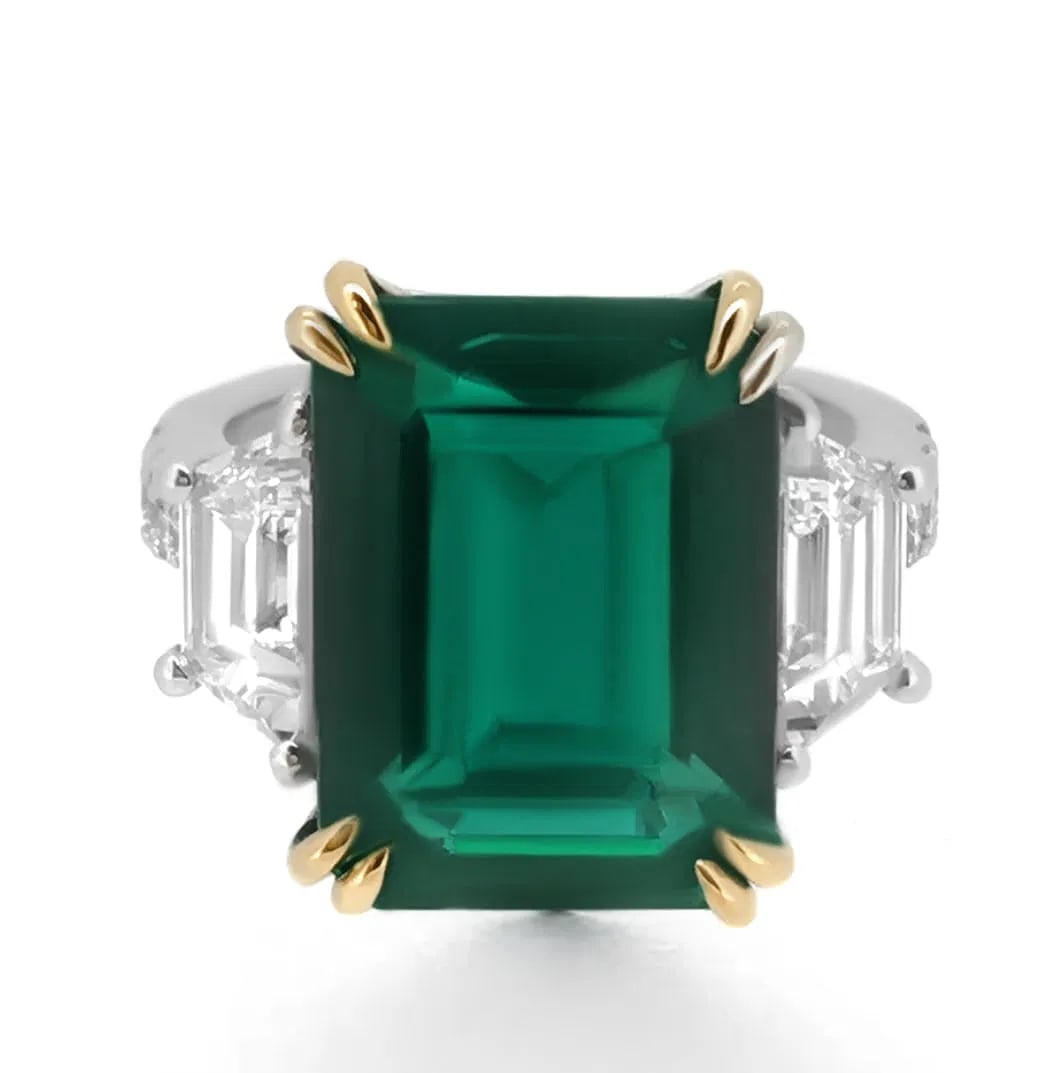 Certified 12 Ct.14kt Solid White Lab Grown Green Emerald Engagement ring: Certified 12.00 Ct.14kt Solid White Lab Grown Green Emerald Engagement ring Side Stone Lab Grown Diamonds Fancy and Round VS1 E Color 1.20 Ct Ring Size US 7