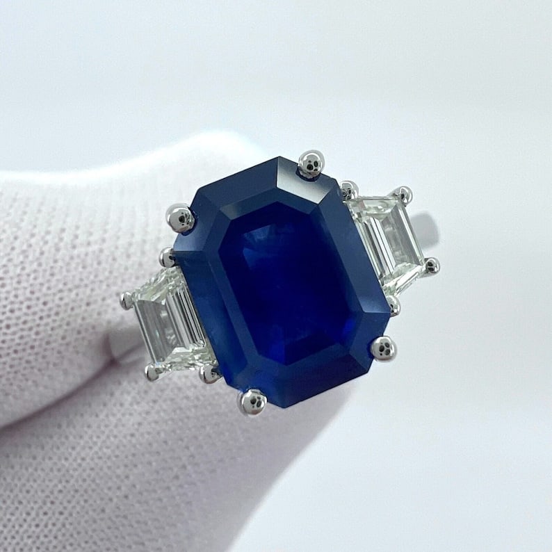 Certified 9.50 Carat Emerald cut Lab Grown Blue Sapphire Engagement Ring 14KT Solid White Gold (1 of 4)