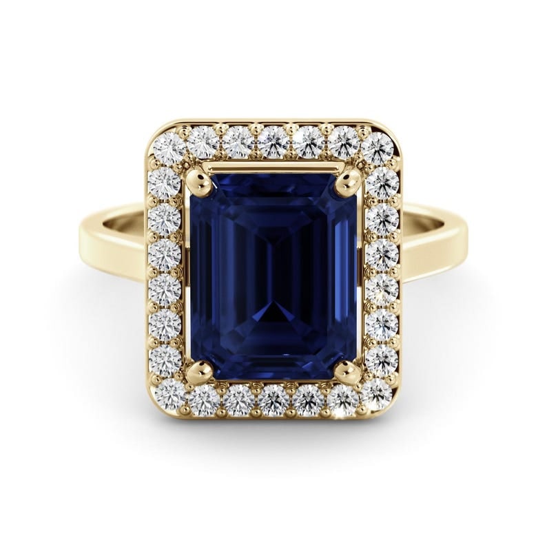 Certified 10.5 Carat Emerald Cut Lab Grown Blue Sapphire Engagement Ring 14KT Solid Yellow Gold: Certified 10.5 Carat Emerald Cut Lab Grown Blue Sapphire Engagement Ring 14KT Solid Yellow Gold - Ring Size US - 6 Side stone 0.70 Ct Lab Grown Diamonds Round VS1 E Color