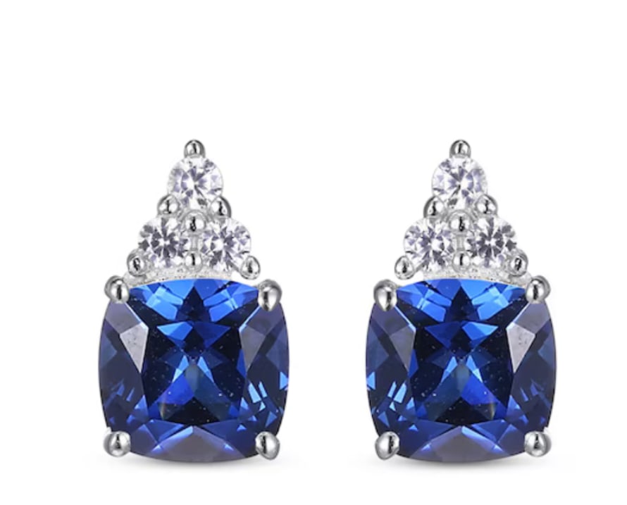 Certified 4 Carat Cushion Cut Lab Grown Blue Sapphire Earrings 14KT Solid White Gold: Certified 4 Carat Cushion Cut Lab Grown Blue Sapphire Earrings 14KT Solid White Gold - Ring Size US - 7 Side stone 0.30 Ct Lab Grown Diamonds Round VS1 E Color