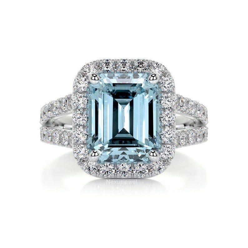 Certified 10 Carat Emerald Cut Lab Grown Aquamarine Engagement Ring 14KT Solid White Gold: Certified 10 Carat Emerald Cut Lab Grown Aquamarine Engagement Ring 14KT Solid White Gold - Ring Size US 6.5 Side stone 0.70 Ct Lab Grown Diamonds Round VS1 E Color