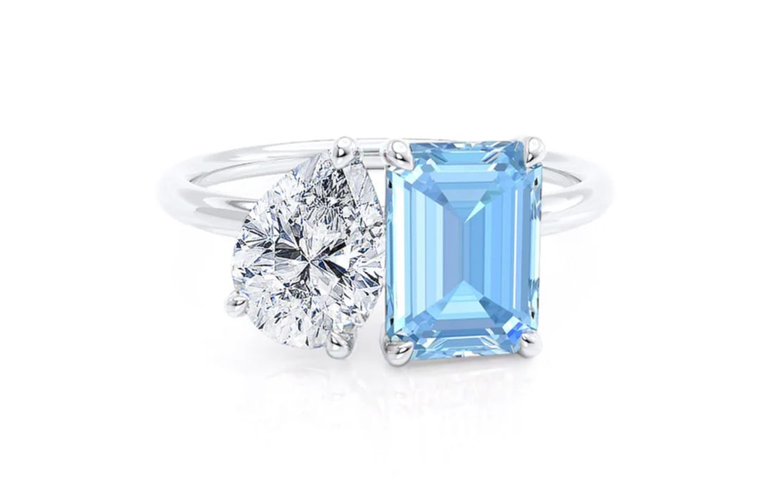 Certified 10 Carat Pear Cut & Emerald Cut Lab Grown Aquamarine - Lab Grown Diamond Engagement Ring: Certified 10 Carat Pear Cut & Emerald Cut Lab Grown Aquamarine - Lab Grown Diamond Engagement Ring 14KT Solid White Gold - Ring Size US - 7