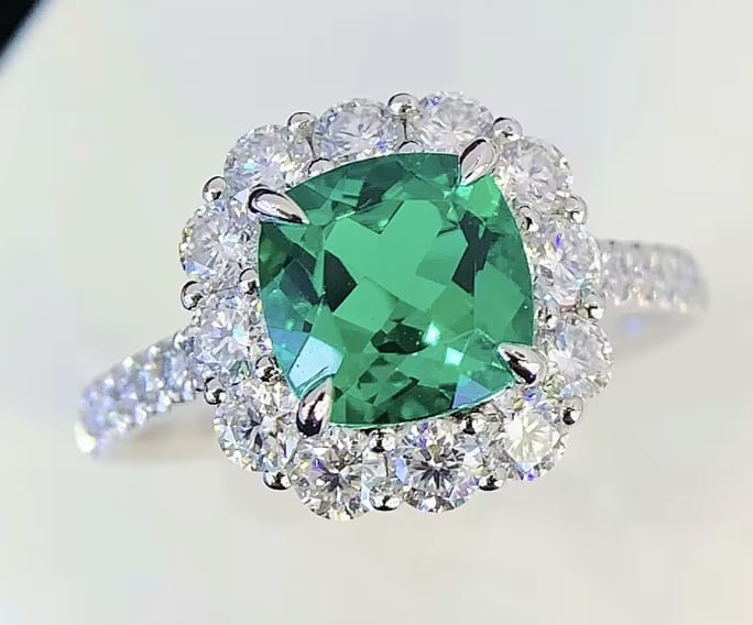 Certified 5 Carat Cushion Cut Lab Grown Green Emerald Engagement Ring 14KT Solid White Gold: Certified 5 Carat Cushion Cut Lab Grown Green Emerald Engagement Ring 14KT Solid White Gold - Ring Size US 6.5 Side stone 0.70 Ct Lab Grown Diamonds Round Cut