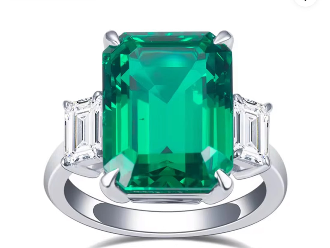 Certified 12 Carat Emerald Cut Lab Grown Green Emerald Engagement Ring 14KT Solid White Gold: Certified 12 Carat Emerald Cut Lab Grown Green Emerald Engagement Ring 14KT Solid White Gold - Ring Size US 7 - Side stone 1.00 Ct Lab Grown Diamonds D vs1 Fancy Cut