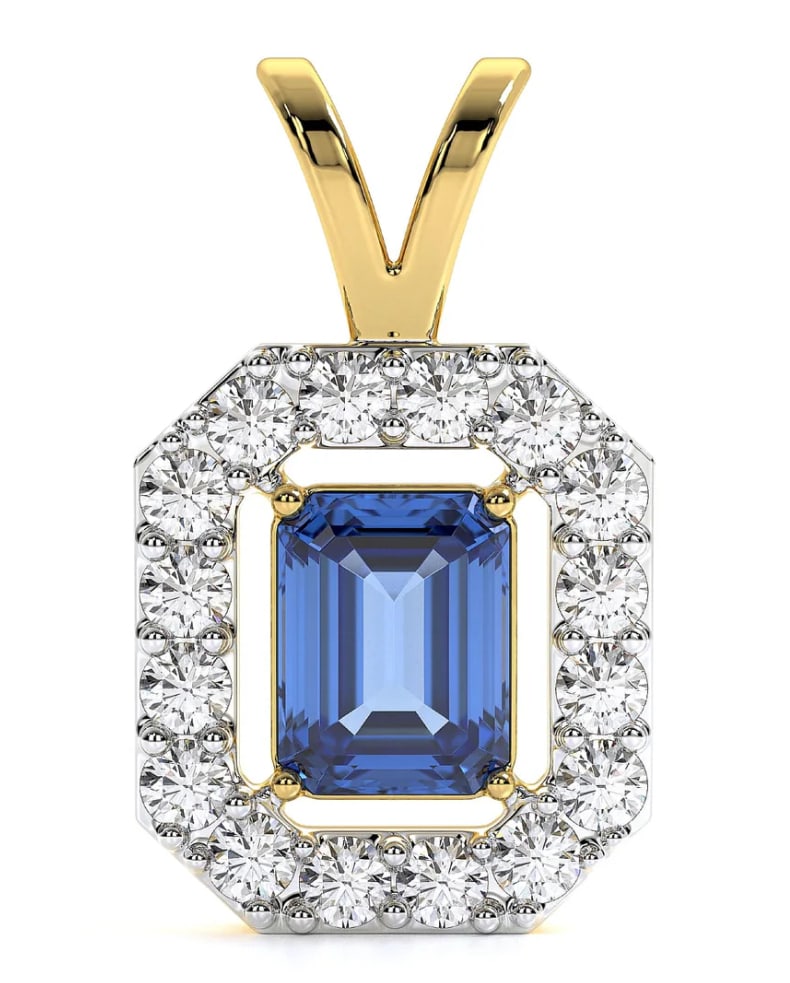 Certified 4 Carat Emerald Cut Lab Grown Sapphire Pendant 14KT Solid Yellow Gold: Certified 4 Carat Emerald Cut Lab Grown Sapphire Pendant 14KT Solid Yellow Gold - Side stone 0.60 Ct Lab Grown Diamonds D vs1 Round Cut