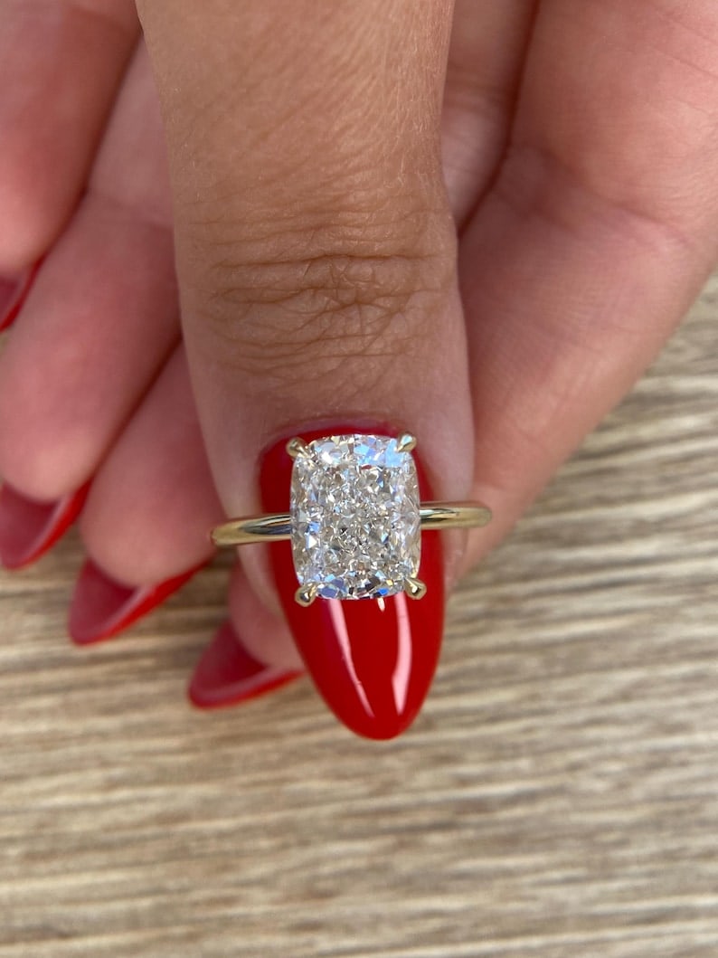 Certified 5 Carat Long Cushion Cut D VVS1 Lab Grown Diamond Engagement Ring 14KT Solid Yellow Gold: Certified 5 Carat Long Cushion Cut D VVS1 Lab Grown Diamond Engagement Ring 14KT Solid Yellow Gold - Ring Size US