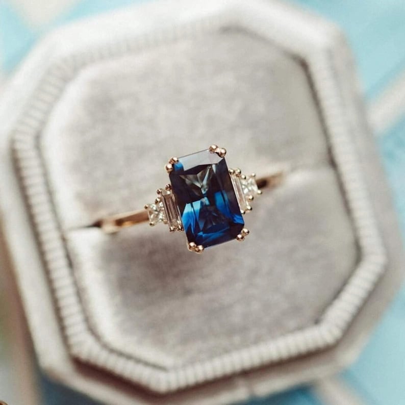 Certified 5 Carat Emeral Cut Lab Grown Blue Sapphire Engagement Ring 14KT Solid Yellow Gold: Certified 5 Carat Emeral Cut Lab Grown Blue Sapphire Engagement Ring 14KT Solid Yellwo Gold - Ring Size US 7 - Side stone 0.50 Ct Lab Grown Diamonds D vs1 - Fancy Cut