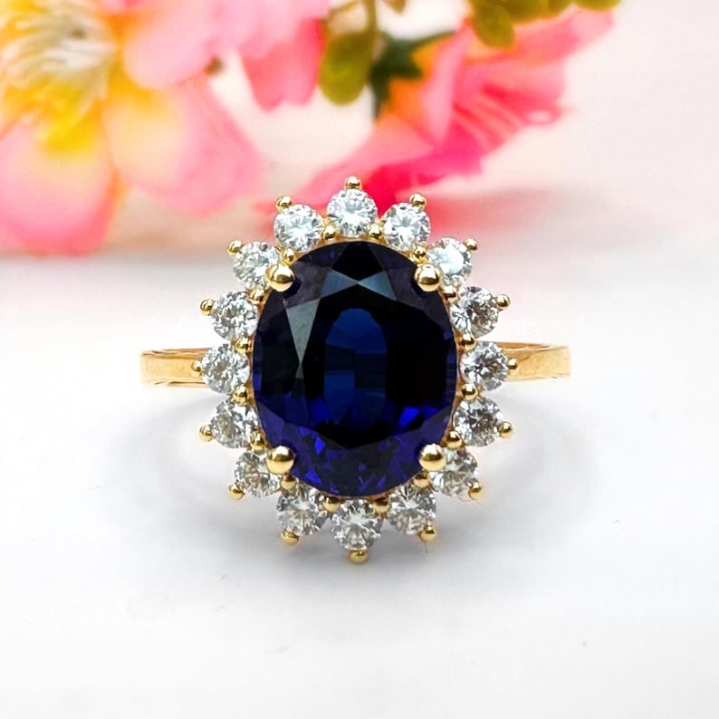 Certified 10 Carat Oval Cut Lab Grown Blue Sapphire Engagement Ring 14KT Solid Yellow Gold: Certified 10 Carat Oval Cut Lab Grown Blue Sapphire Engagement Ring 14KT Solid Yellow Gold - Ring Size US 6 - Side stone 0.80 Ct Lab Grown Diamonds D vs1 - Round Cut