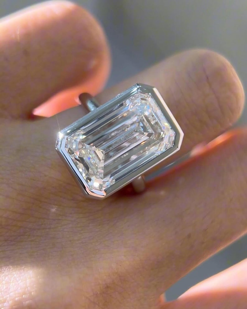 Certified 10 Carat Emerald Cut Lab Grown Diamond D VVS1 Engagement Ring 14KT Solid White Gold: Certified 10 Carat Emerald Cut Lab Grown Diamond D VVS1 Engagement Ring 14KT Solid White Gold - Ring Size US 7