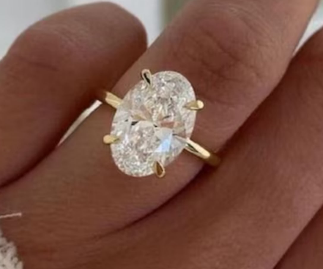 Certified 5 Carat Oval Cut Lab Grown Diamond D VVS1 Engagement Ring 14KT Solid Yellow Gold: Certified 5 Carat Oval Cut Lab Grown Diamond D VVS1 Engagement Ring 14KT Solid Yellow Gold - Ring Size US 7 - Side stone 0.30 Ct Lab Grown Diamonds D vs1 - Round Cut