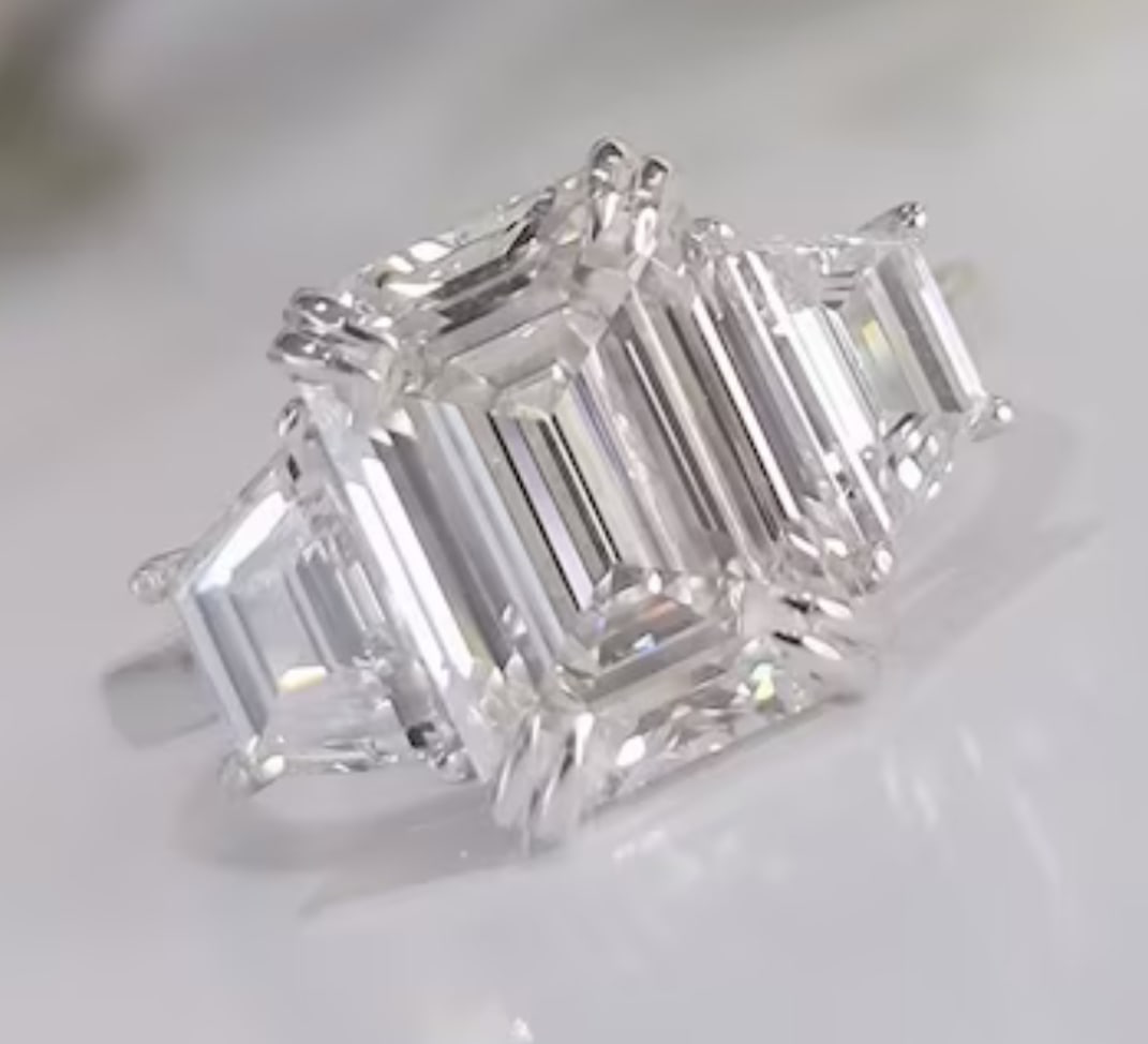 Certified 8 Ct Emerald Cut Lab Grown Diamond D VVS1 Engagement Ring 14KT Solid White Gold: Certified 8 Ct Emerald Cut Lab Grown Diamond D VVS1 Engagement Ring 14KT Solid White Gold - Ring Szie 7 - Side stone 0.90 Ct Lab Grown Diamonds D vs1 - Fancy Cut