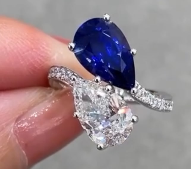 Certified 10 Ct -Pear Cut Lab Grown Blue Sapphire & Pear Lab Grown Diamond D VVS1 Engagement Ring (1 of 3)