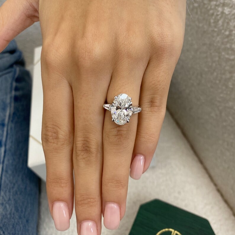 Certified Huge 8.5 Carat Oval Cut D VVS1 Lab Grown Diamond Engagement Ring 14KT Solid White Gold: Certified Huge 8.5 Carat Oval Cut D VVS1 Lab Grown Diamond Engagement Ring 14KT Solid White Gold -Side Stone is Lab Grown Diamonds Fancy Cut VS1 E Color 0.60 Ct Excellent Luster- Ring Size US- 7 - Rin