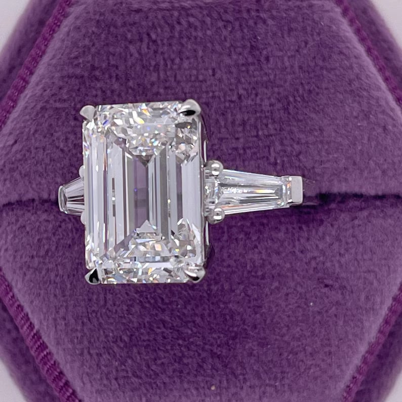 Certified 10 Carat Emerald Cut D VS1 Lab Grown Diamond Engagement Ring 14KT Solid White Gold: Certified 10 Carat Emerald Cut D VS1 Lab Grown Diamond Engagement Ring 14KT Solid White Gold - Side Stone is Lab Grown Diamonds Fancy Cut VS1 E Color 0.60 Ct Excellent Luster- Ring Size US- 7 - Ring R