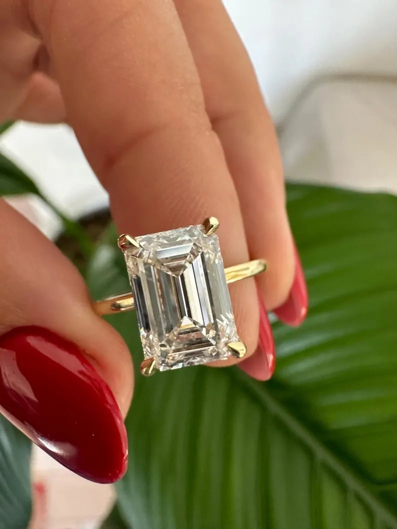 Certified 8 Carat Emerald Cut E VVS1 Lab Grown Diamond Engagement Ring 14KT Solid Yellow Gold: Certified 5.5 Carat Emerald Cut E VVS1 Lab Grown Diamond Engagement Ring 14KT Solid Yellow Gold - Side Stone is Lab Grown Diamonds VS1 E Color 0.40 Ct - Excellent Luster- Ring Size US- 6.- Ring Resize