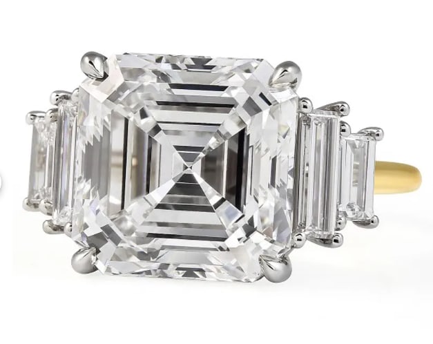 Certified 8.50 Carat Asscher Cut D VVS1 Lab Grown Diamond Engagement Ring 14KT Solid Yellow & White: Certified 8.50 Carat Asscher Cut D VVS1 Lab Grown Diamond Engagement Ring 14KT Solid Yellow & White Gold - Side Stone is Lab Grown Diamonds Fancy Cut VS1 E Color 1.10 Ct Excellent Luster- Ring Size US