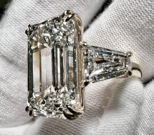 Certified 12 Carat Emerald Cut E VVS1 Lab Grown Diamond Ring 14KT Solid Yellow Gold (1 of 3)