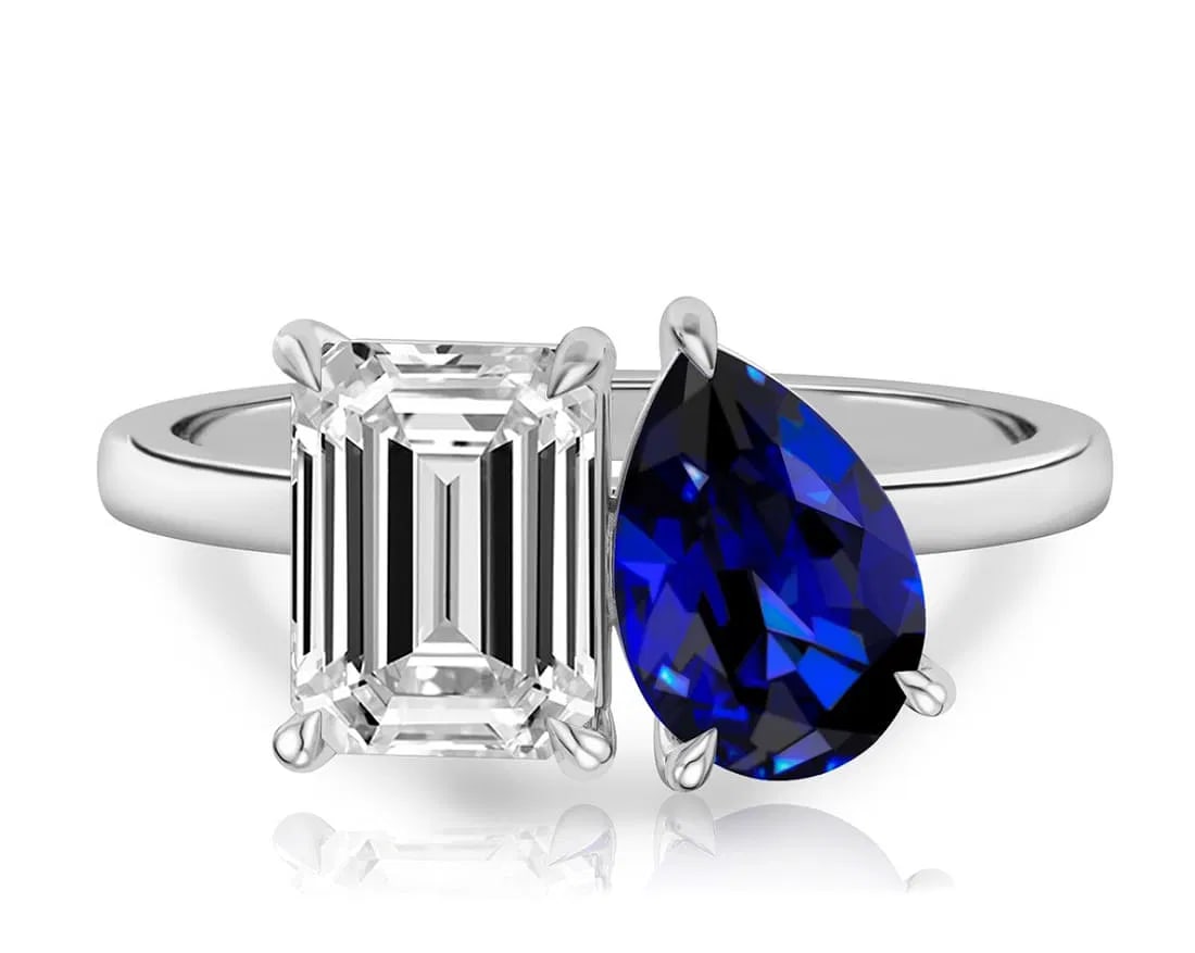 Certified 10 Ct.14kt Solid White Lab Grown sapphire & Lab Grown Diamond Engagement ring: Certified 10 Ct.14kt Solid White Lab Grown sapphire & Lab Grown Diamond Engagement ring - Ring Size US 7 - Pear Cut 5 Carat Lab Grown sapphire & 5 Carat Emerald Cut Lab Grown Diamond