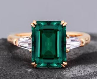 Certified 8 Ct 14kt Solid Yellow Gold Lab Grown Green Emerald -Emerald Cut Engagement ring: Certified 8 Ct 14kt Solid Yellow Gold Lab Grown Green Emerald -Emerald Cut Engagement ring - Side stone Lab Grown Diamonds Fancy Cut VS1 E Color 0.40 Ct Ring Size US 6.5