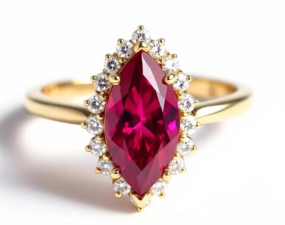 Certified 5 Ct - 14kt Solid Yellow Gold Lab Grown Ruby Marquise Cut Engagement ring: Certified 5 Ct - 14kt Solid Yellow Gold Lab Grown Ruby Marquise Cut Engagement ring - Side stone Lab Grown Diamonds Round VS1 E Color 0.50 Ct - Ring - 6.5