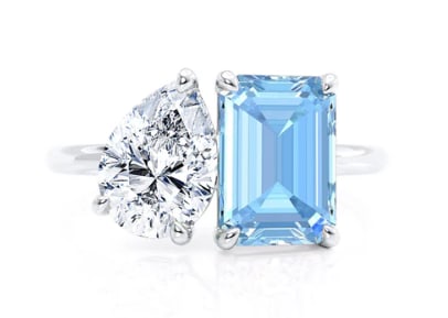 Certified 10 Ct - 14kt Solid White Gold D VVS1 Lab Grown Diamond Pear Cut & Lab Grown Aquamarine: Certified 10 Ct - 14kt Solid White Gold D VVS1 Lab Grown Diamond Pear Cut & Lab Grown Aquamarine Emerald Cut Engagement ring - Ring Size US - 7.5