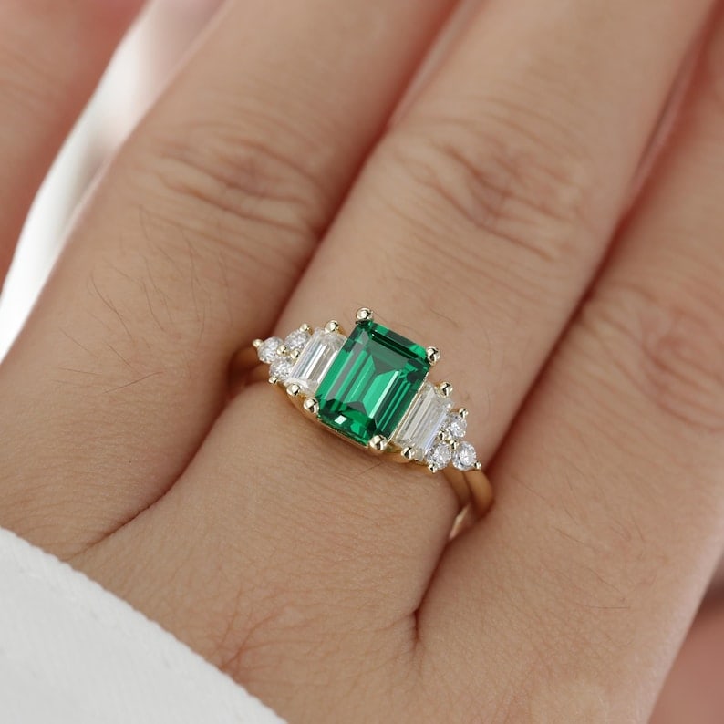 Certified 4 Ct - 14kt Solid Yellow Lab Grown Green Emerald Engagement ring: Certified 4 Ct - 14kt Solid Yellow Lab Grown Green Emerald Engagement ring - Ring Size US 7.5 - Side stone Lab Grown Diamonds Fancy VS1 E Color 0.50 Ct