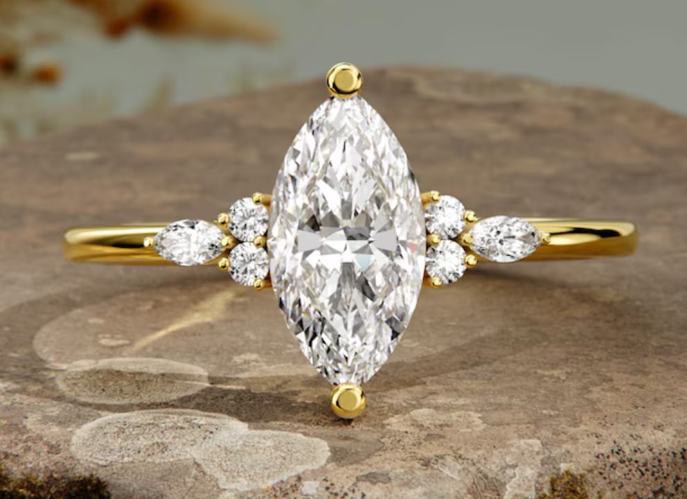 Certified 2.5 Carat Marquise Cut D VVS1 Lab Grown Diamond Engagement Ring 14KT Solid Yellow Gold: Certified 2.5 Carat Marquise Cut D VVS1 Lab Grown Diamond Engagement Ring 14KT Solid Yellow Gold - Ring Size US -6 Side stone 0.40 Ct Lab Grown Diamonds Round VS1 E Color