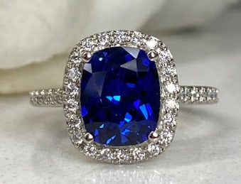 Certified 10 Carat cushion cut Lab Grown Blue Sapphire Engagement Ring 14KT Solid White Gold: Certified 10 Carat cushion cut Lab Grown Blue Sapphire Engagement Ring 14KT Solid White Gold - Ring Size US -7 Side stone 0.60 Ct Lab Grown Diamonds Round VS1 E