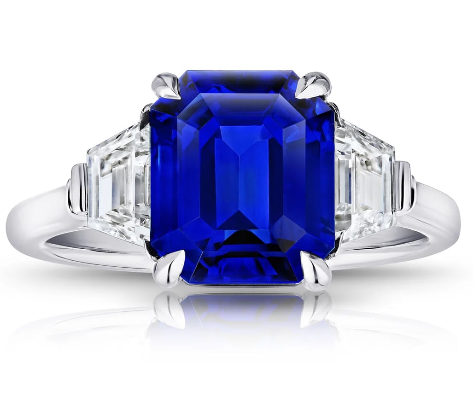 Certified 8.50 Carat Emerald cut Lab Grown Blue Sapphire Engagement Ring 14KT Solid White Gold: Certified 8.50 Carat Emerald cut Lab Grown Blue Sapphire Engagement Ring 14KT Solid White Gold - Ring Size US -6 Side stone 0.80 Ct Lab Grown Diamonds Fancy VS1 E Color