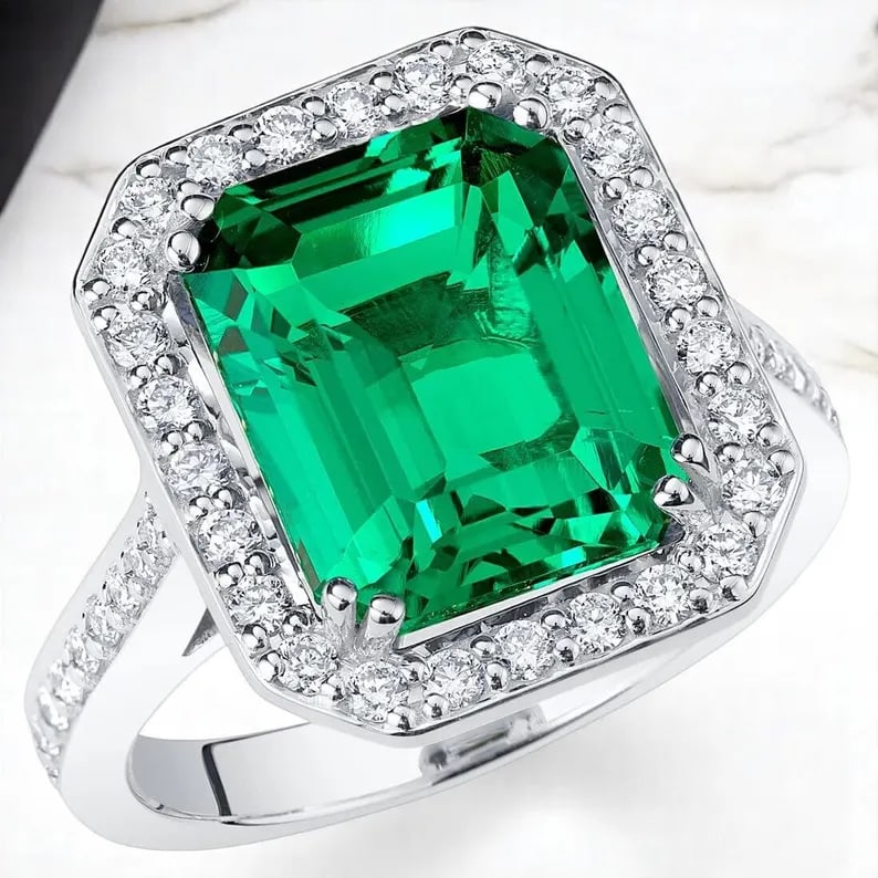 Certified 12.5 Carat Emerald Cut Lab Grown Green Emerald Engagement Ring 14KT Solid White Gold: Certified 3.50 Carat Emerald Cut Lab Grown Green Emerald Engagement Ring 14KT Solid White Gold - Ring Size US 7 Side stone 0.60 Ct Lab Grown Diamonds Round VS1 E Color