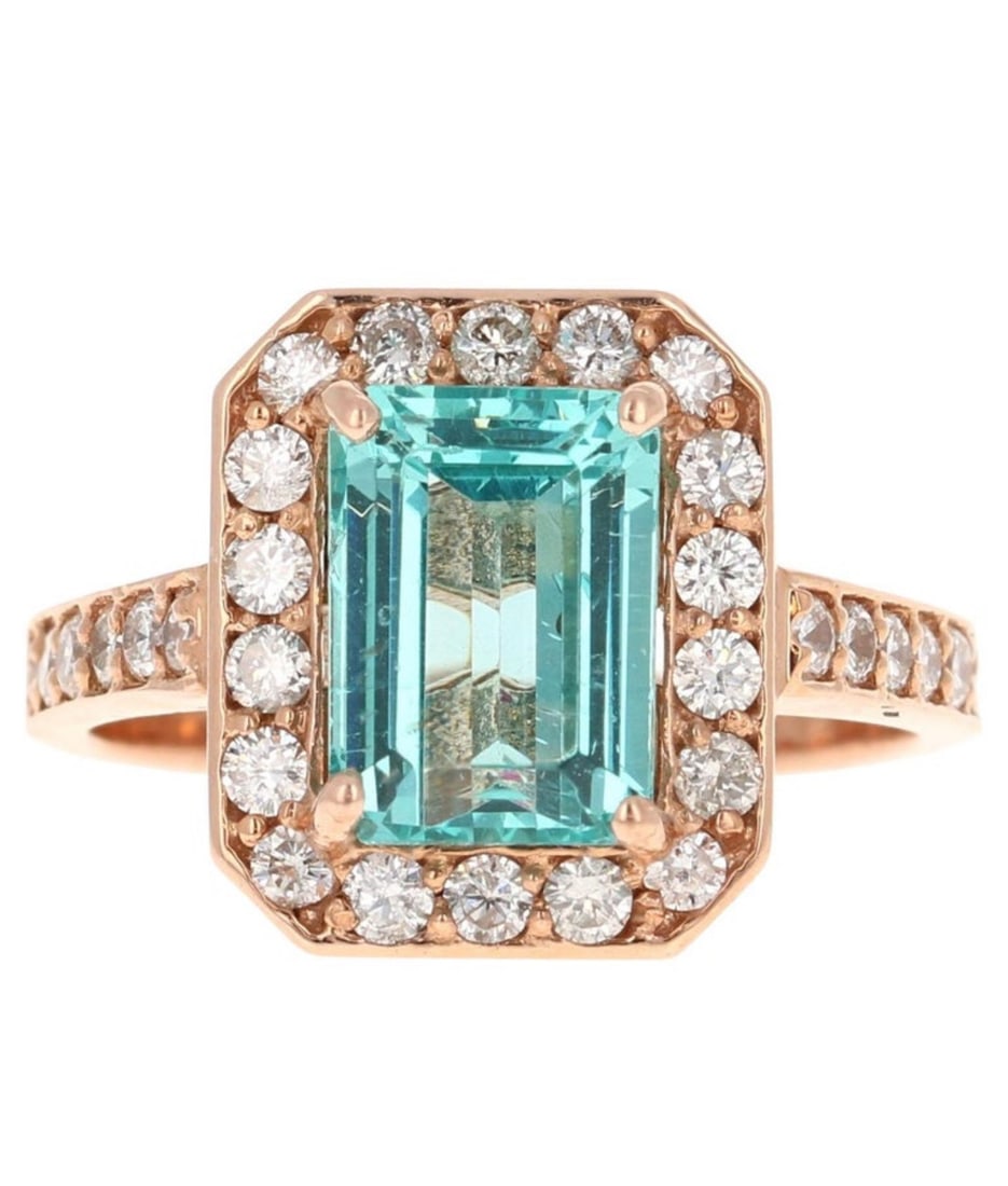 Certified 8.5 Carat Emerald Cut Lab Grown Aquamarine Engagement Ring 14KT Solid Rose Gold: Certified 8.5 Carat Emerald Cut Lab Grown Aquamarine Engagement Ring 14KT Solid Rose Gold - Ring Size US 6 Side stone 0.6 Ct Lab Grown Diamonds Round VS1 E Color