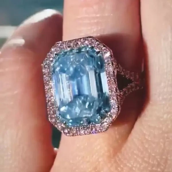 Certified 12 Carat Emerald Cut Lab Grown Aquamarine Engagement Ring 14KT Solid Rose Gold: Certified 12 Carat Emerald Cut Lab Grown Aquamarine Engagement Ring 14KT Solid Rose Gold - Ring Size US 7 Side stone 0.60 Ct Lab Grown Diamonds Round VS1 - Color Pink
