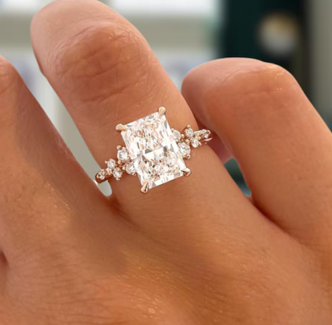 Certified 3 Carat Radiant Cut D VVS1 Lab Grown Diamond Engagement Ring 14KT Solid Yellow Gold: Certified 3 Carat Radiant Cut D VVS1 Lab Grown Diamond Engagement Ring 14KT Solid Yellow Gold - Ring Size US 6 Side stone 0.30 Ct Lab Grown Diamonds Round VS1 - F Color