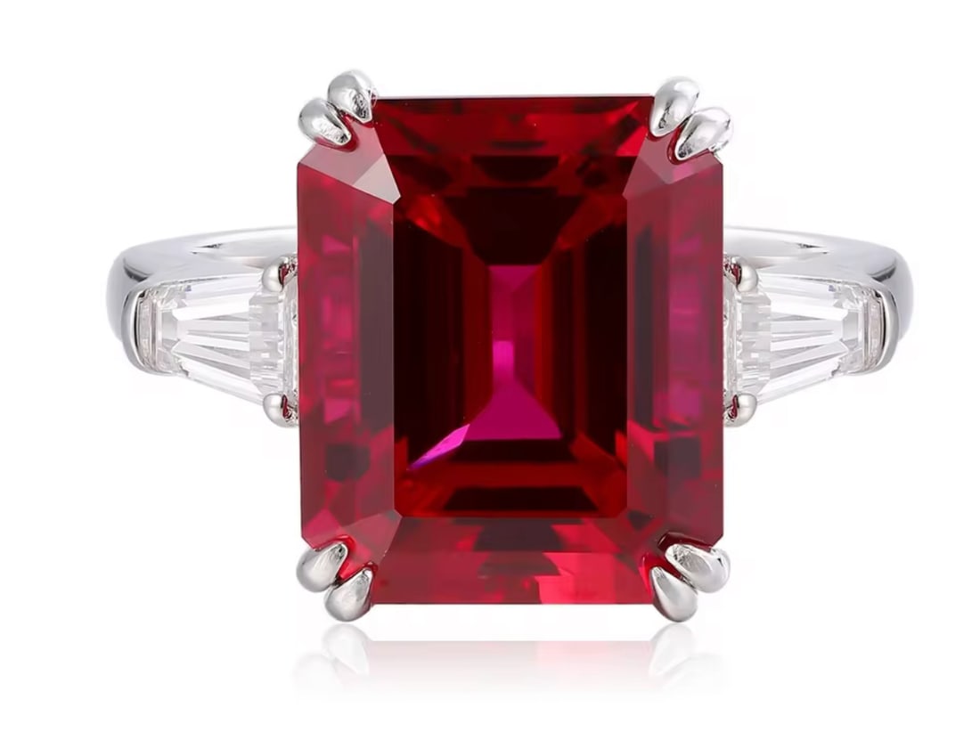 Certified 10 Carat Emerald Cut Lab Grown Ruby Engagement Ring 14KT Solid White Gold: Certified 10 Carat Emerald Lab Grown Ruby Engagement Ring 14KT Solid White Gold - Ring Size US 6.5 Side stone 0.60 Ct Lab Grown Diamonds Fancy Cut
