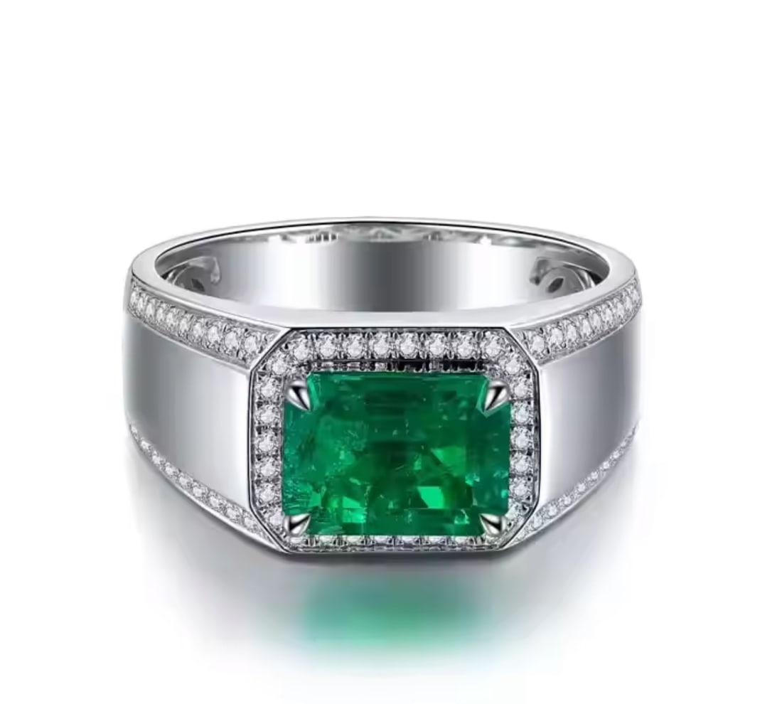 Certified 7.5 Carat Emerald Cut Lab Grown Green Emerald Engagement Ring 14KT Solid White Gold: Certified 7.5 Carat Emerald Lab Grown Green Emerald Engagement Ring 14KT Solid White Gold - Ring Size US 8 -Side stone 0.40 Ct Lab Grown Diamonds Round Cut