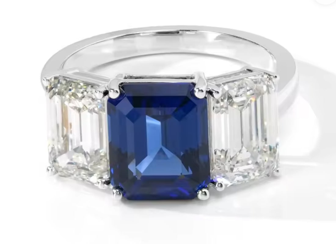 Certified 15 Carat Emerald Cut Lab Grown Sapphire & Lab Grown daimonds Engagement Ring 14KT Solid: Certified 15 Carat Emerald Cut Lab Grown Sapphire &VVS1 D Color Lab Grown daimonds Engagement Ring 14KT Solid White Gold - 5 ct Blue spphire and 10 ct lab grown diamonds - Ring Size US 6