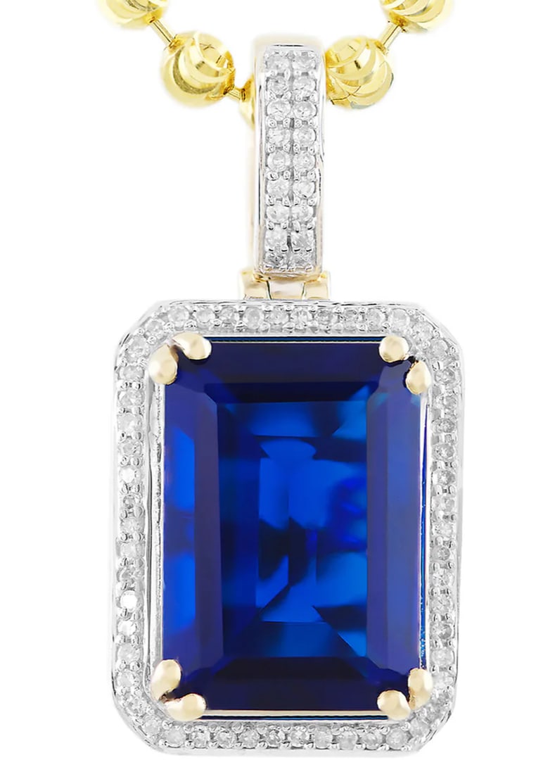 Certified 14 Carat Emerald Cut Lab Grown Sapphire Pendant 14KT Solid Yellow Gold: Certified 14 Carat Emerald Cut Lab Grown Sapphire Pendant 14KT Solid Yellow Gold - Side stone 1.20 Ct Lab Grown Diamonds D vs1 Round Cut