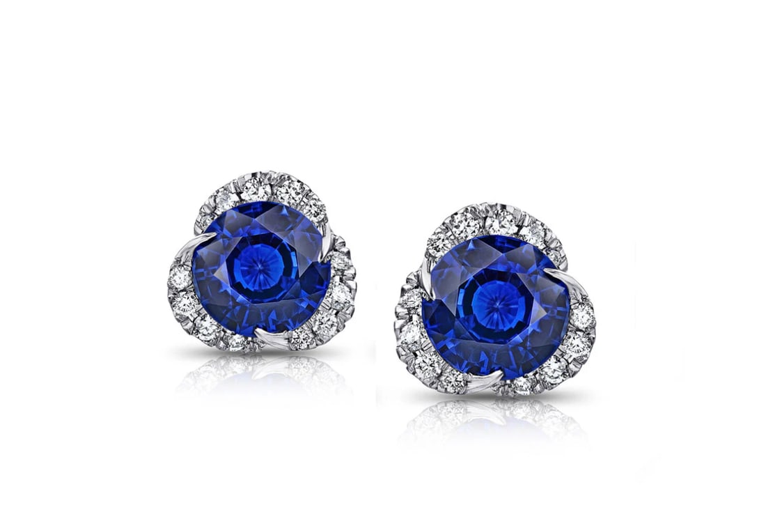 Certified 6 Carat Round Cut Lab Grown Sapphire Earrings 14KT Solid White Gold: Certified 6 Carat Round Cut Lab Grown Sapphire Earrings 14KT Solid White Gold - Side stone 0.30 Ct Lab Grown Diamonds D vs1 Round Cut